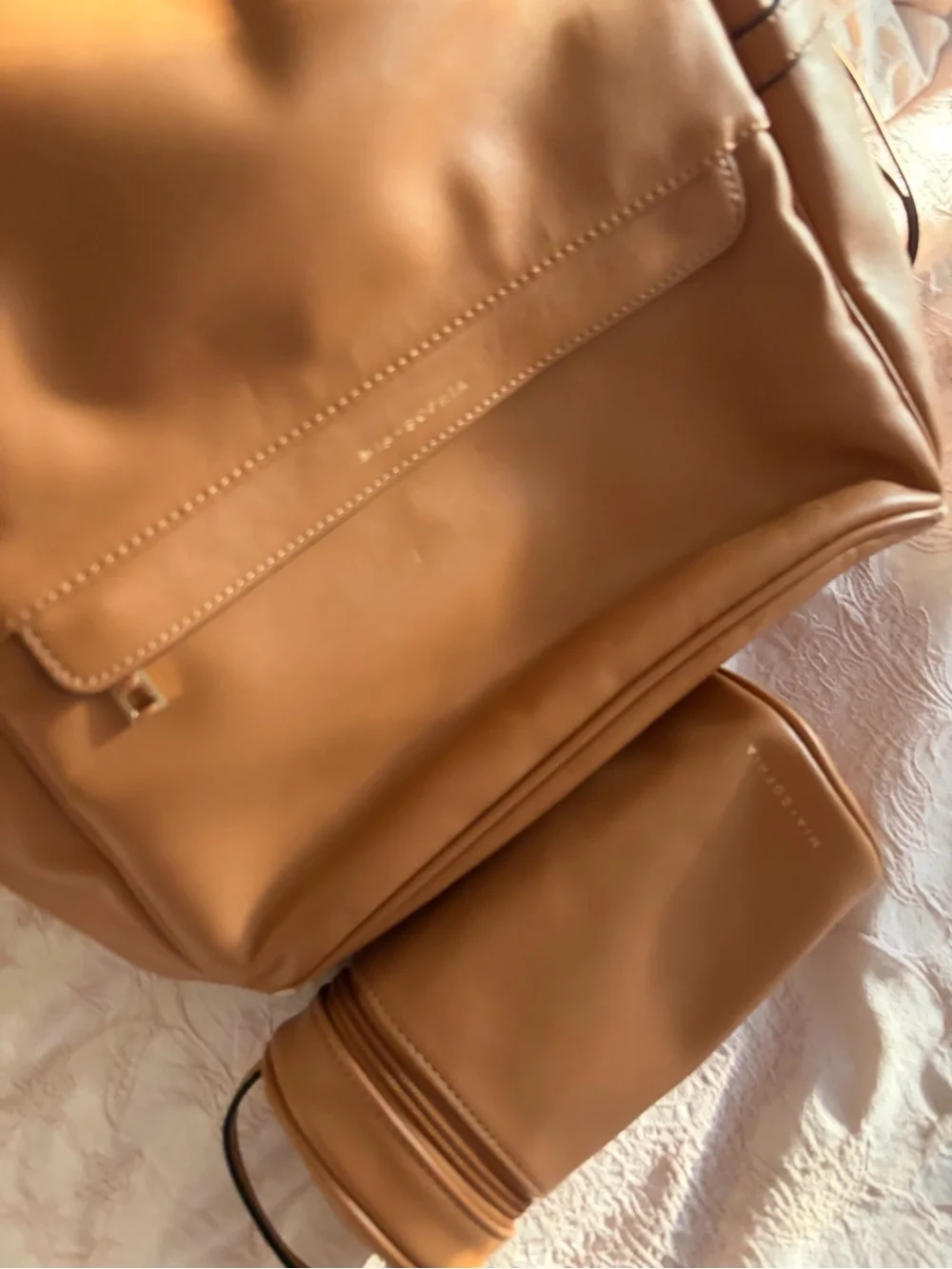 Mia and Sophia backpack diaper bag Tan Leather Convertible Backpack with pouch